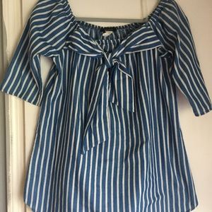 Blue /white off the shoulder top with bow detail..